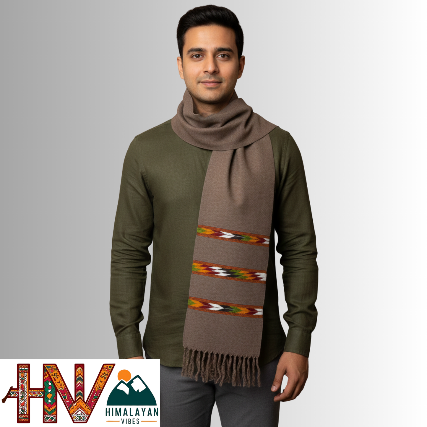 Handwoven Grey Woolen Muffler | Triple Kullu Patti Traditional Geometric Design By Himalayan Vibes