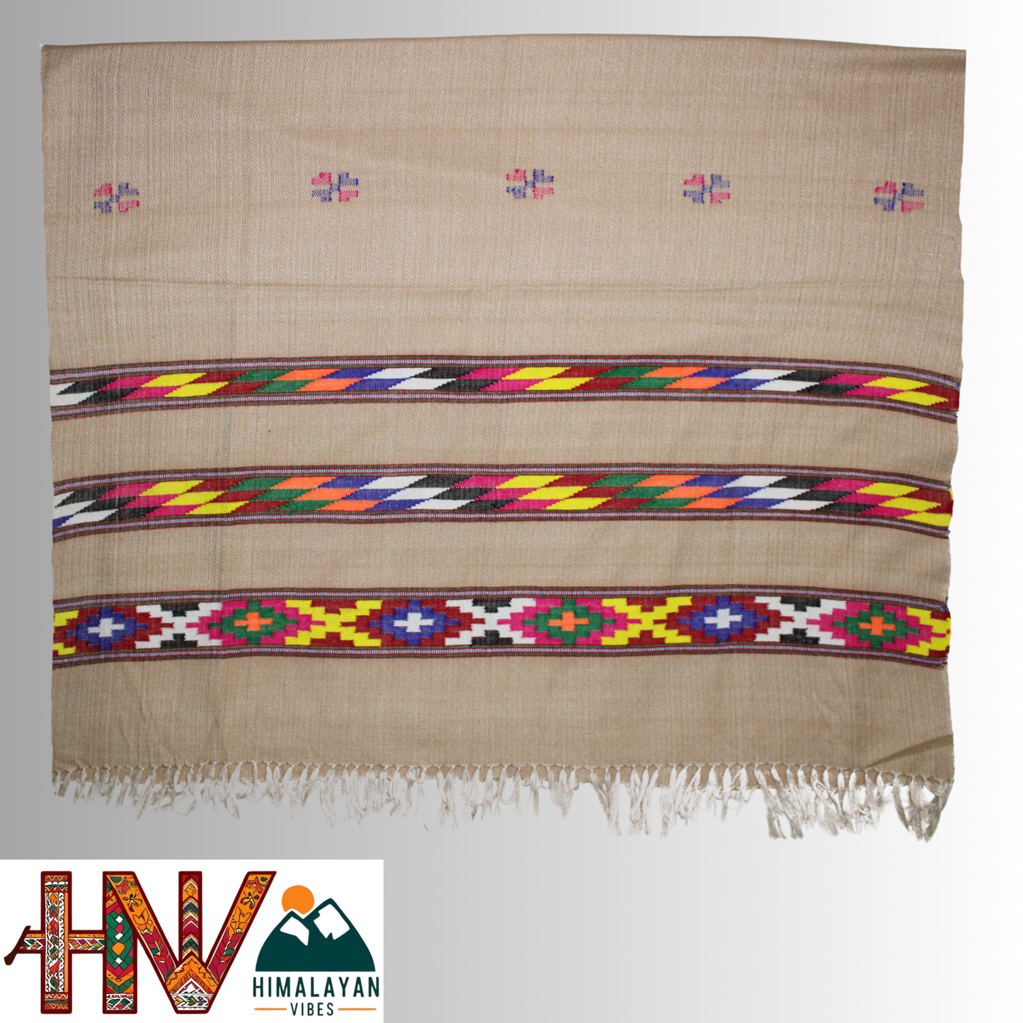 Handwoven Beige Kullu Shawl – With Intricate Design 3 Patti & Traditional Himalayan Craftsmanship