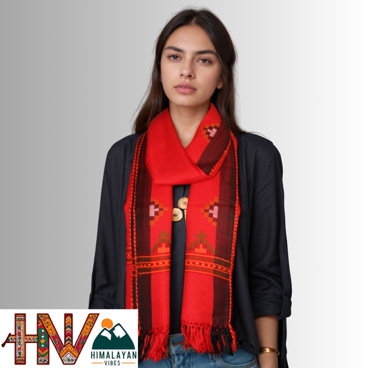 Handwoven Red Kullu Woolen Stole with Traditional Kullu Patti Geometric Motifs with black Border– Handwoven Elegance By Himalayan Vibes