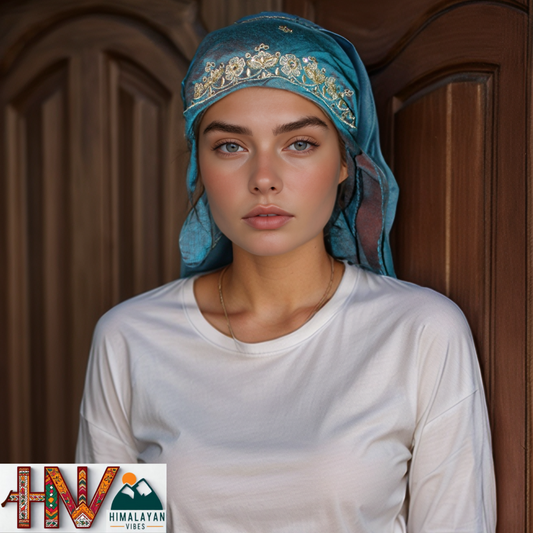 Handcrafted Himachali Teal Blue Dhatu with Gold Embroidery – A Unique Embroidered Head Scarf