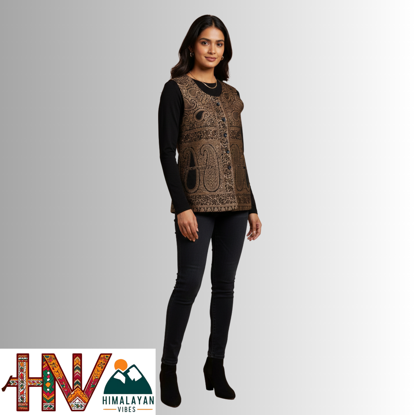 Women Shawl Black Color Himachali Sadri with dense floral pattern – Traditional Waistcoat by Himalayan Vibes