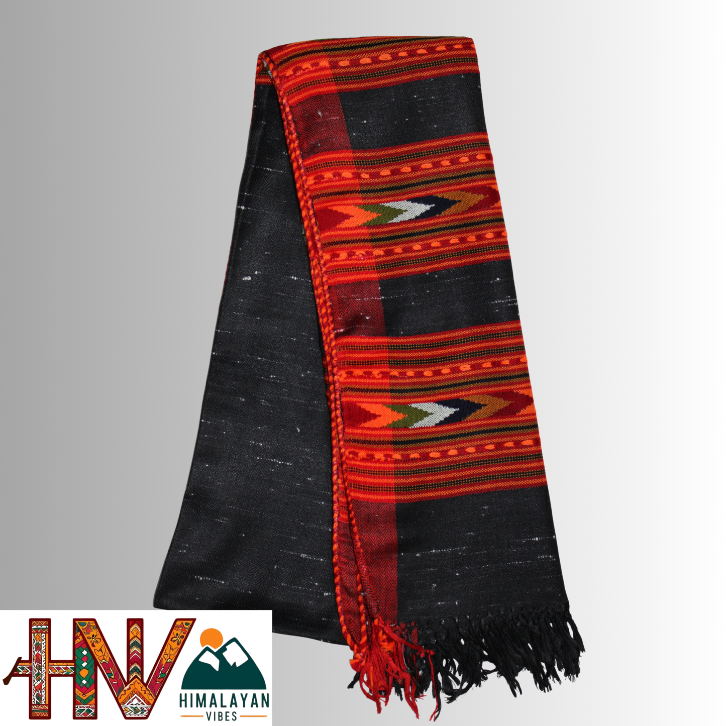 Handwoven black Kullu Woolen Stole with Traditional Kullu 3 Patti Design in Vibrant Red Border– Handwoven Elegance By Himalayan Vibes