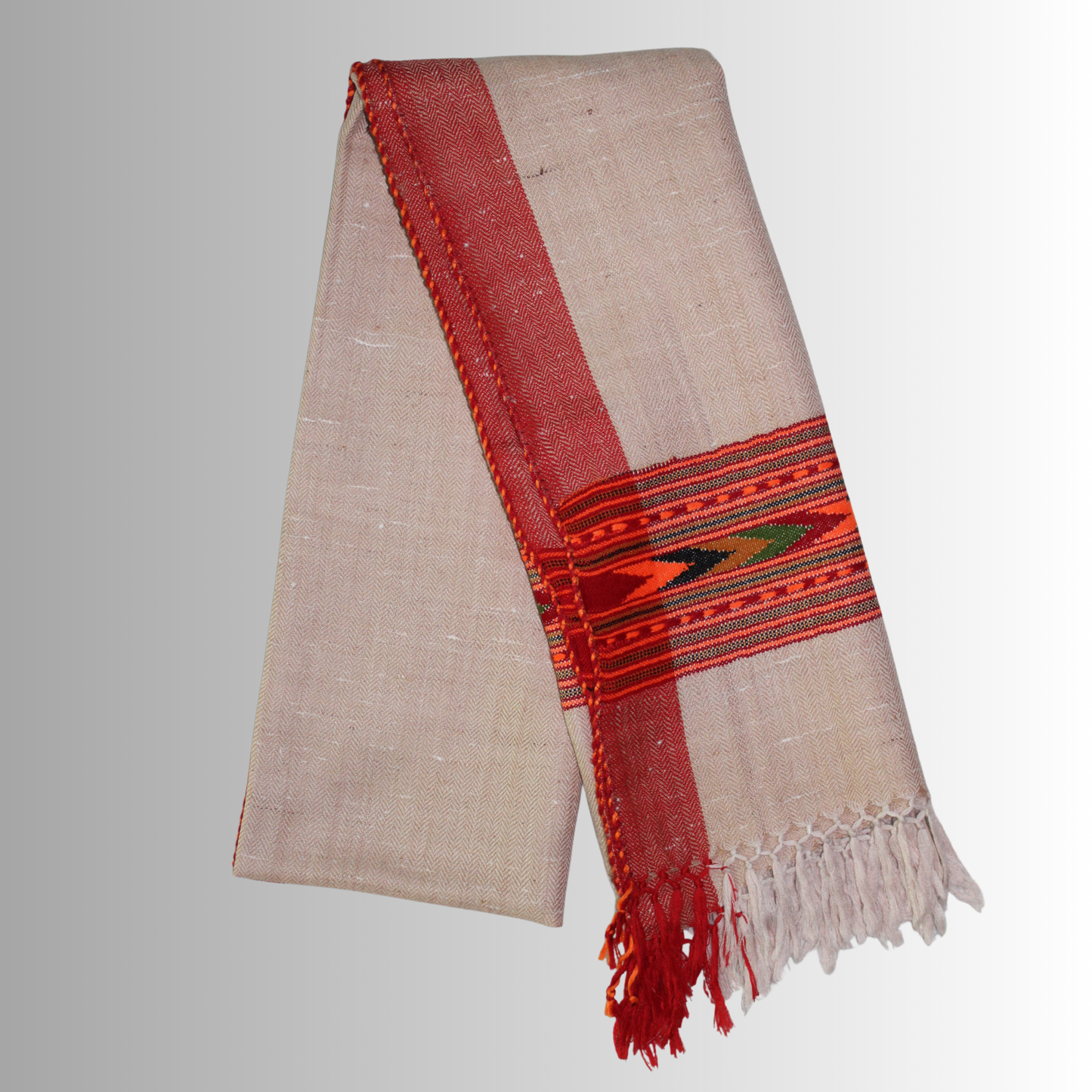 Handwoven Himalayan Light Caramel Wool Stole – Red & Orange Striped with Geometric Motif Border By Himalayan Vibes
