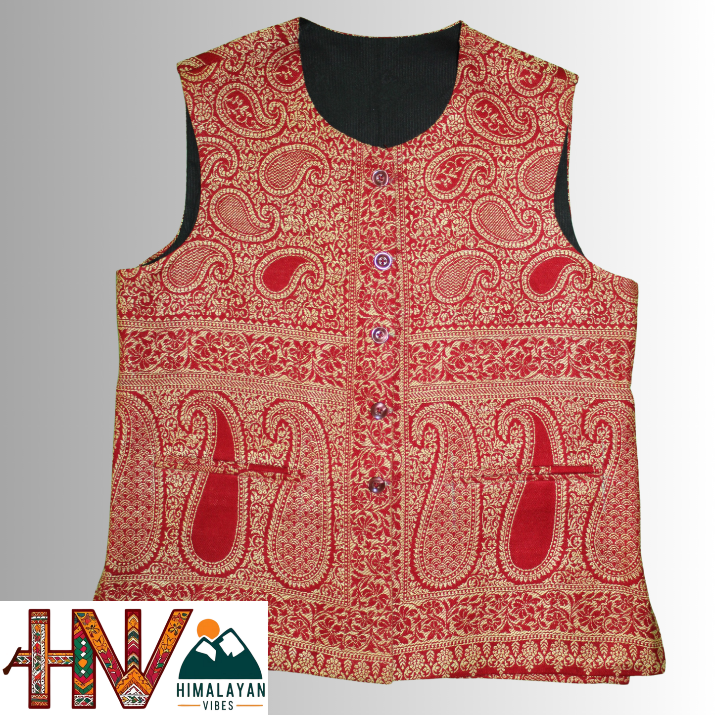 Women Pashmina Blend Red Color Himachali Sadri with Floral pattern – Traditional Waistcoat by Himalayan Vibes