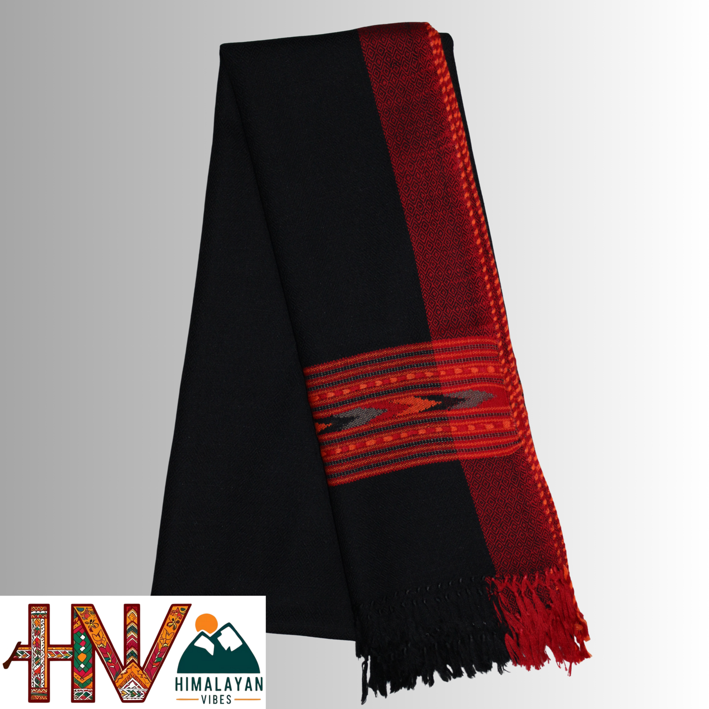 Handwoven Black Kullu Woolen Stole with Traditional Kullu Patti Design in Vibrant Red Border– Handwoven Elegance By Himalayan Vibes