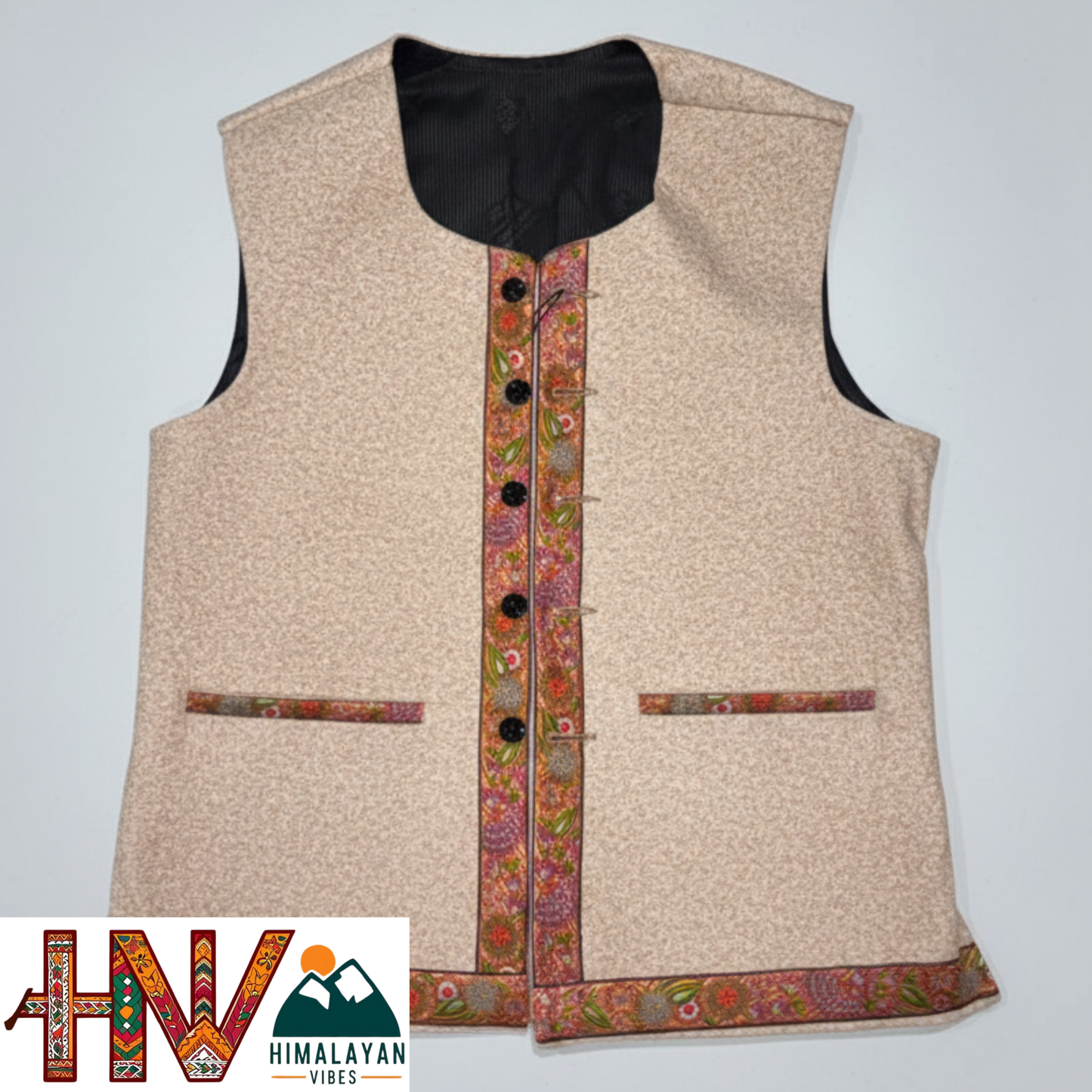 Himachali Cream Sadri with embroidered Lace for Women - Martin Fabric Ethnic Half Jacket with Pockets