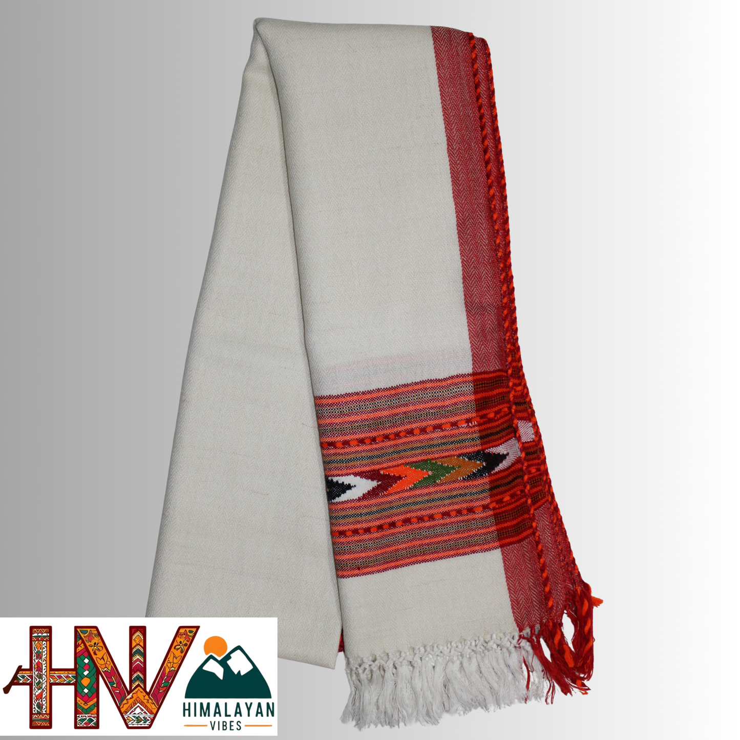 Handwoven Off-White Kullu Woolen Stole with Traditional Kullu Patti Design and Red Border– Handwoven Elegance By Himalayan Vibes
