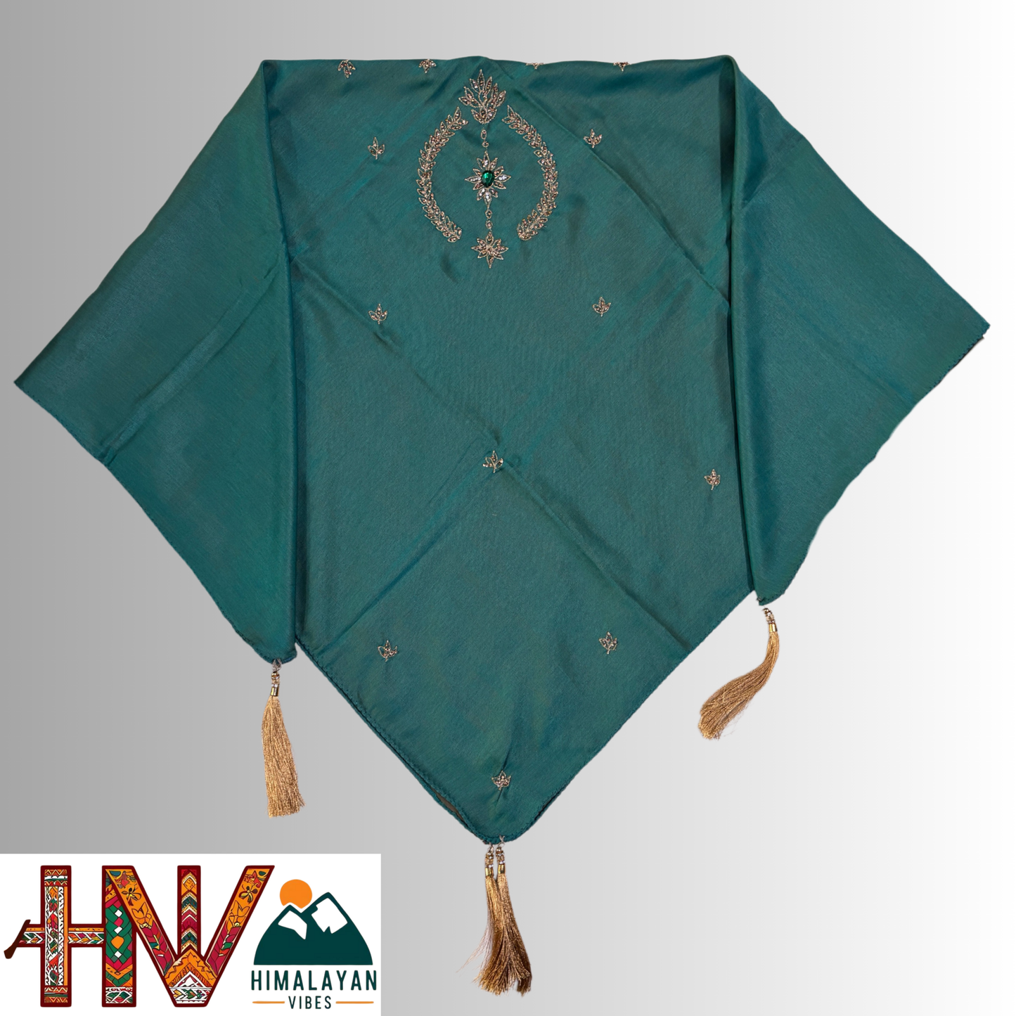 Handcrafted Himachali Sea Green Dhatu with Golden Embroidery – A Unique Embroidered Head Scarf