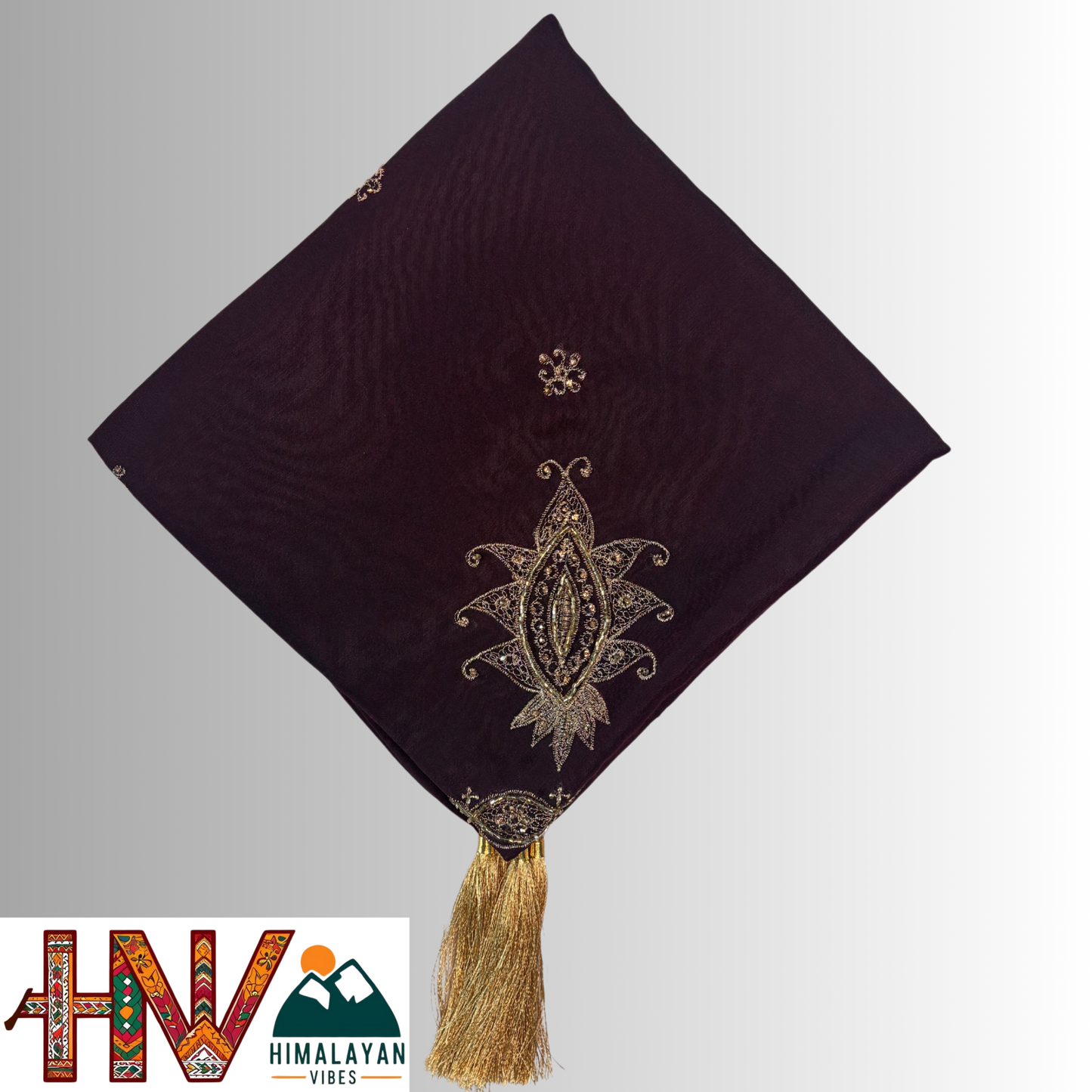 Handcrafted Himachali Dark Purple Dhatu with Golden Embroidery – A Unique Embroidered Head Scarf