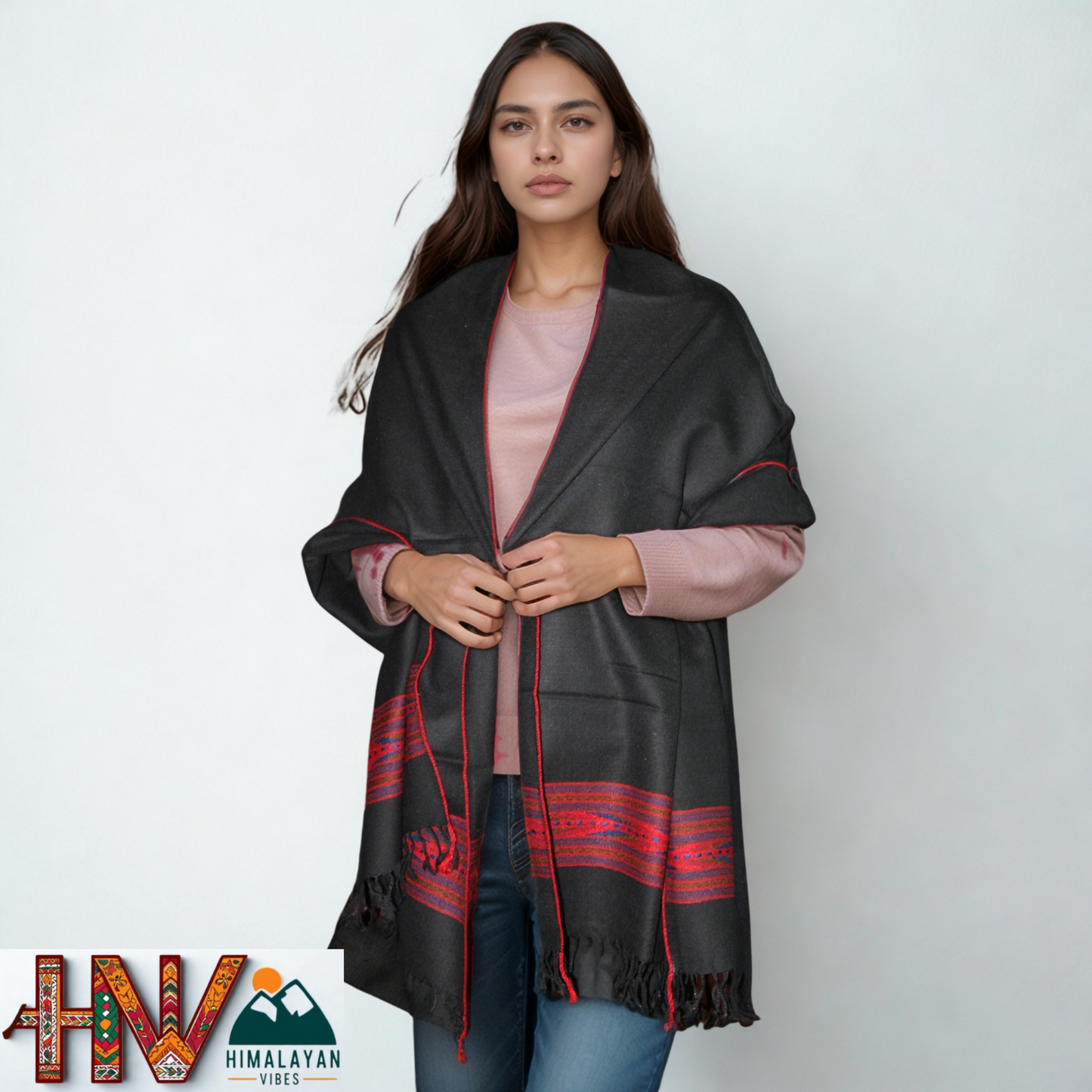 Handwoven Himalayan Black Wool Stole – Red & Blue Striped with Geometric Motif Border