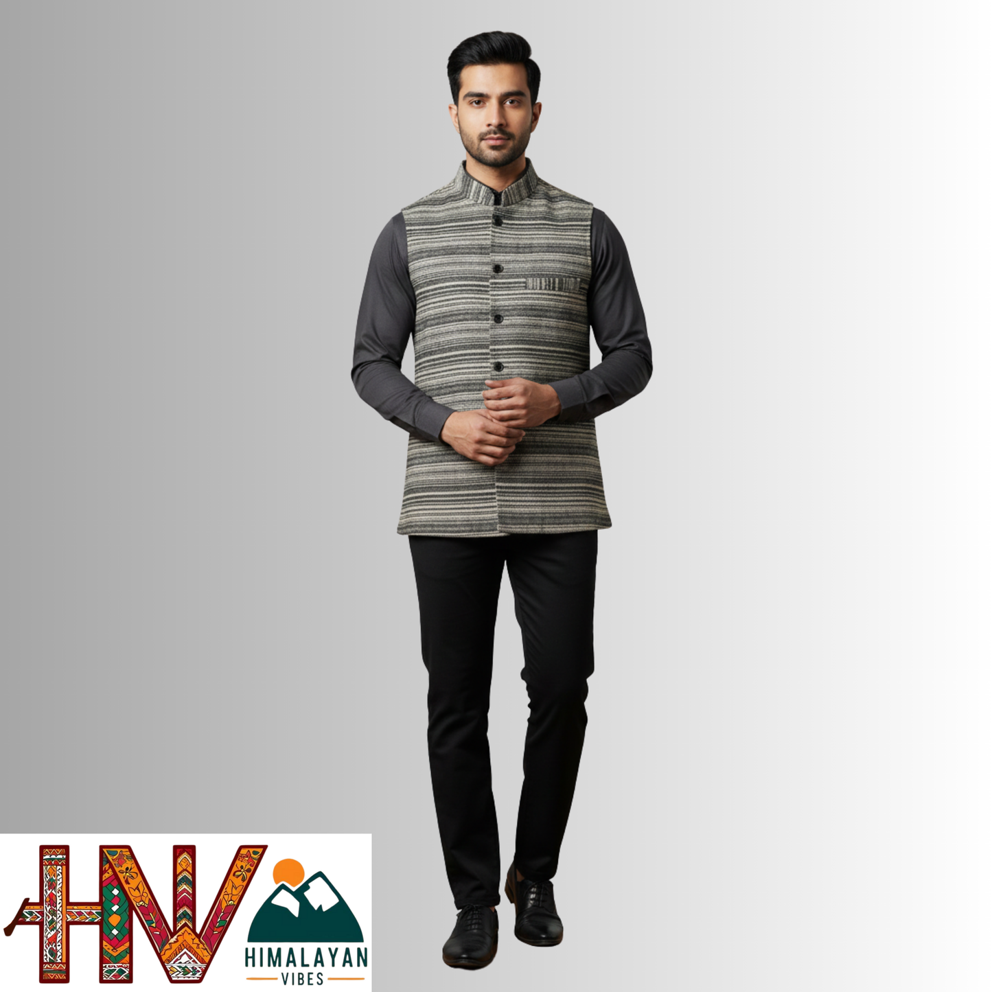 Handcrafted Himalayan Vibes Stone grey Woolen Nehru Jacket for Men | Traditional Himachali Craft | Stylish Winter & Formal Wear