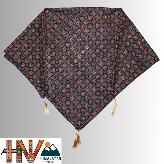 Alpine Indigo Color Gold Printed Geometric Pattern Himachali Dhatu - Handcrafted Traditional Head Scarf from Himalayas