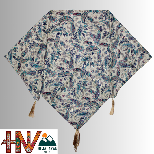 Himalayan Vibes Rayon Cream Color Himachali Dhatu with Blue Print - Handcrafted Traditional Head Scarf from Himalayas