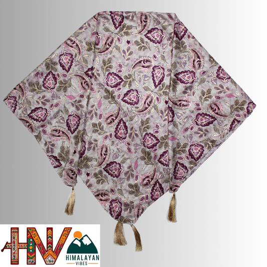 Himalayan Vibes Rayon Cream Color Himachali Dhatu with Plum Leaf Print - Handcrafted Traditional Head Scarf from Himalayas