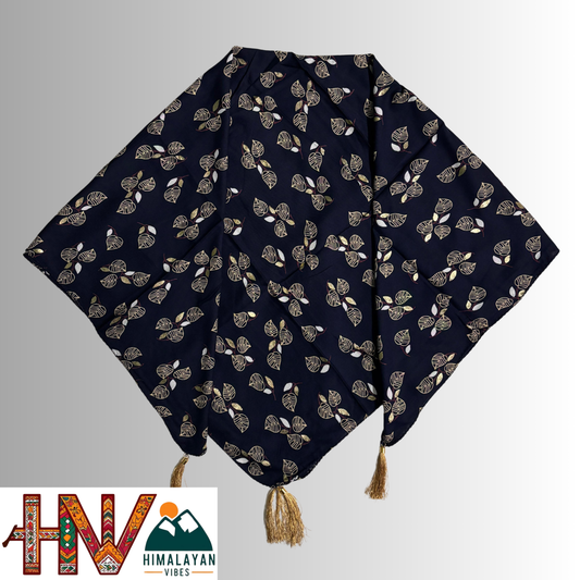 Himalayan Vibes Navy Blue Color Himachali Dhatu with Leaf Print - Handcrafted Traditional Head Scarf from Himalayas