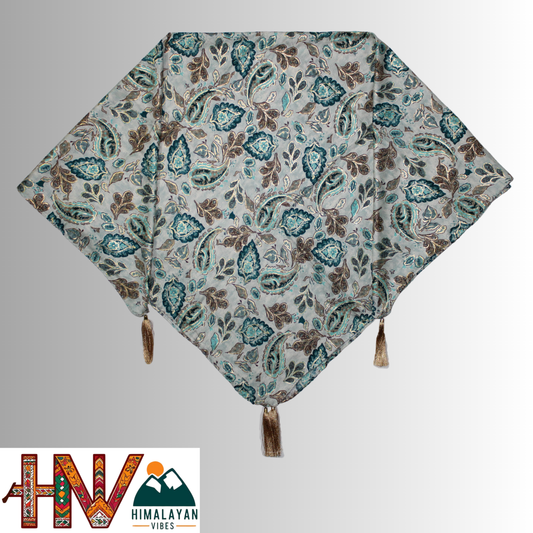 Himalayan Vibes Rayon Cream Color Himachali Dhatu with Green Leaf Print - Handcrafted Traditional Head Scarf from Himalayas