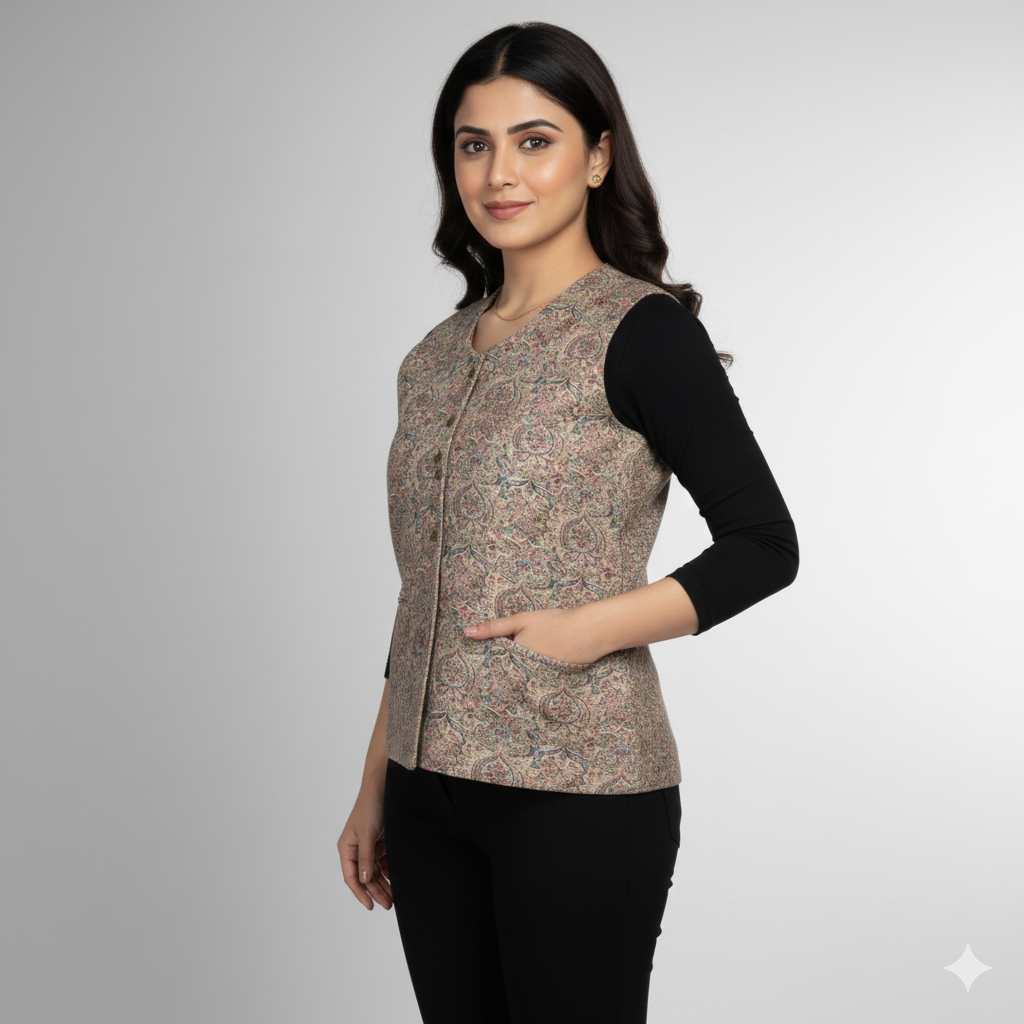 Women Pashmina Blend Beige Color Himachali Sadri – Colorful Traditional Waistcoat by Himalayan Vibes