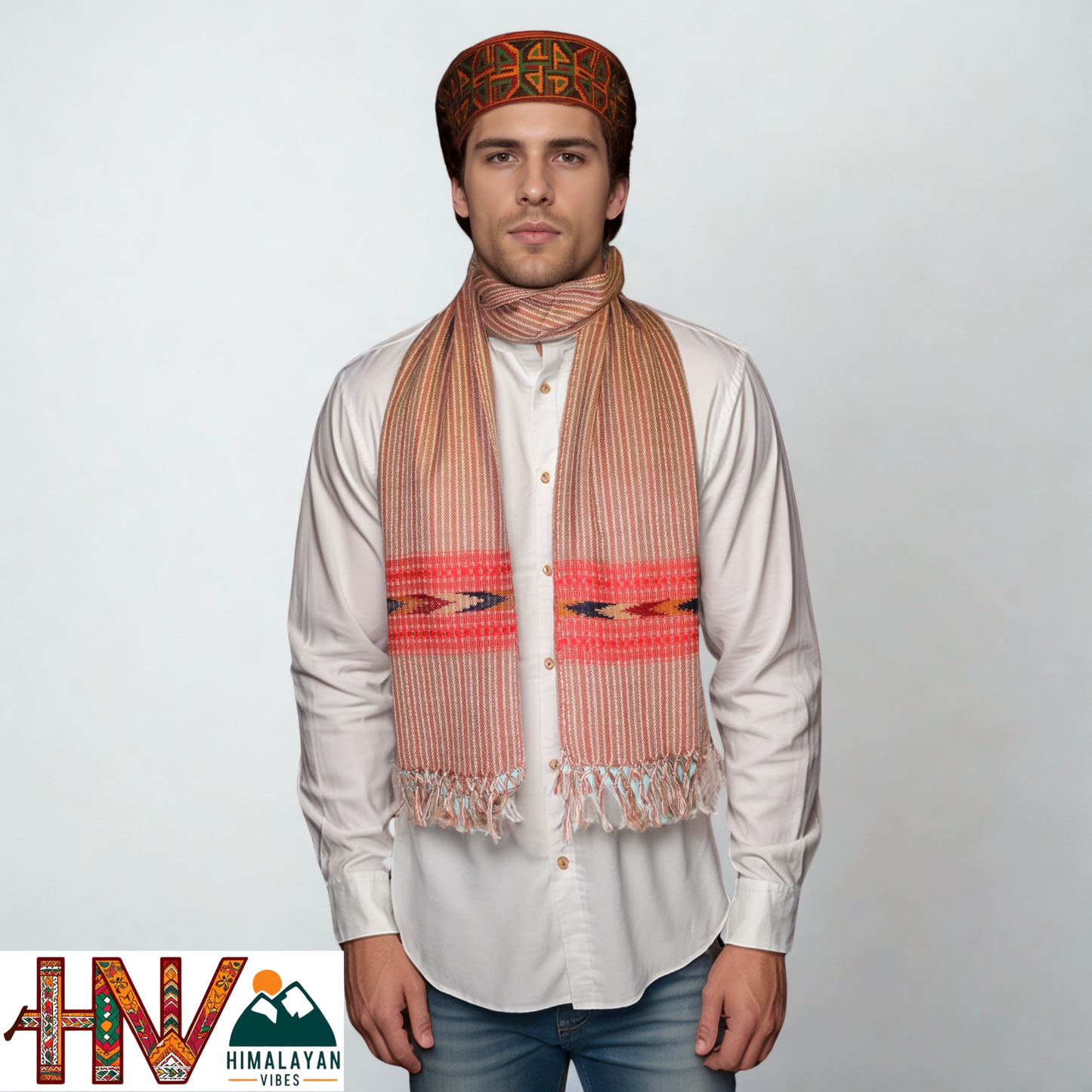 Traditional Kullu Handwoven Brown Stripes with Red Kullu Patti Muffler – Soft, Durable & Warm Wool Scarf