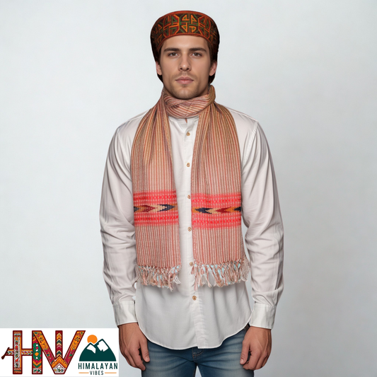 Traditional Kullu Handwoven Brown Stripes with Red Kullu Patti Muffler – Soft, Durable & Warm Wool Scarf