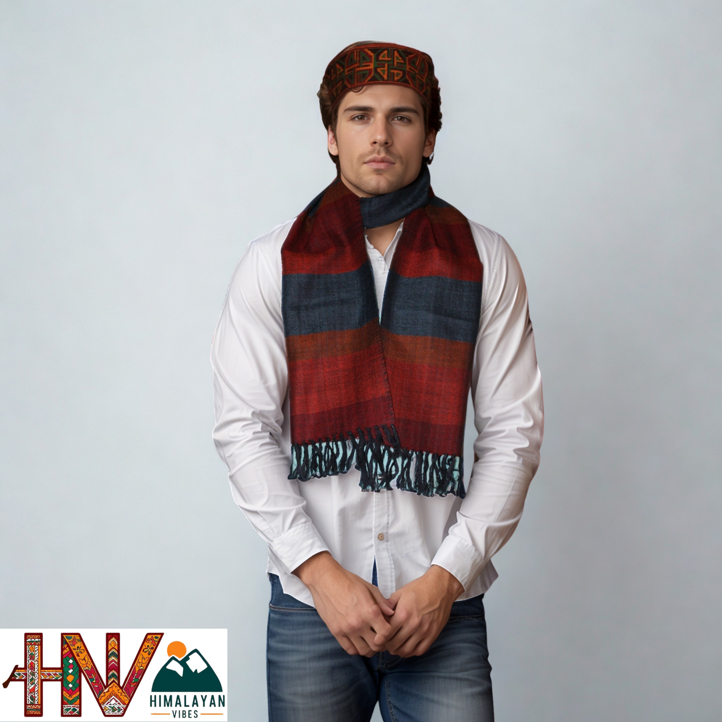 Traditional Kullu Handwoven Red & Blue Muffler – Soft, Durable & Warm Wool Scarf