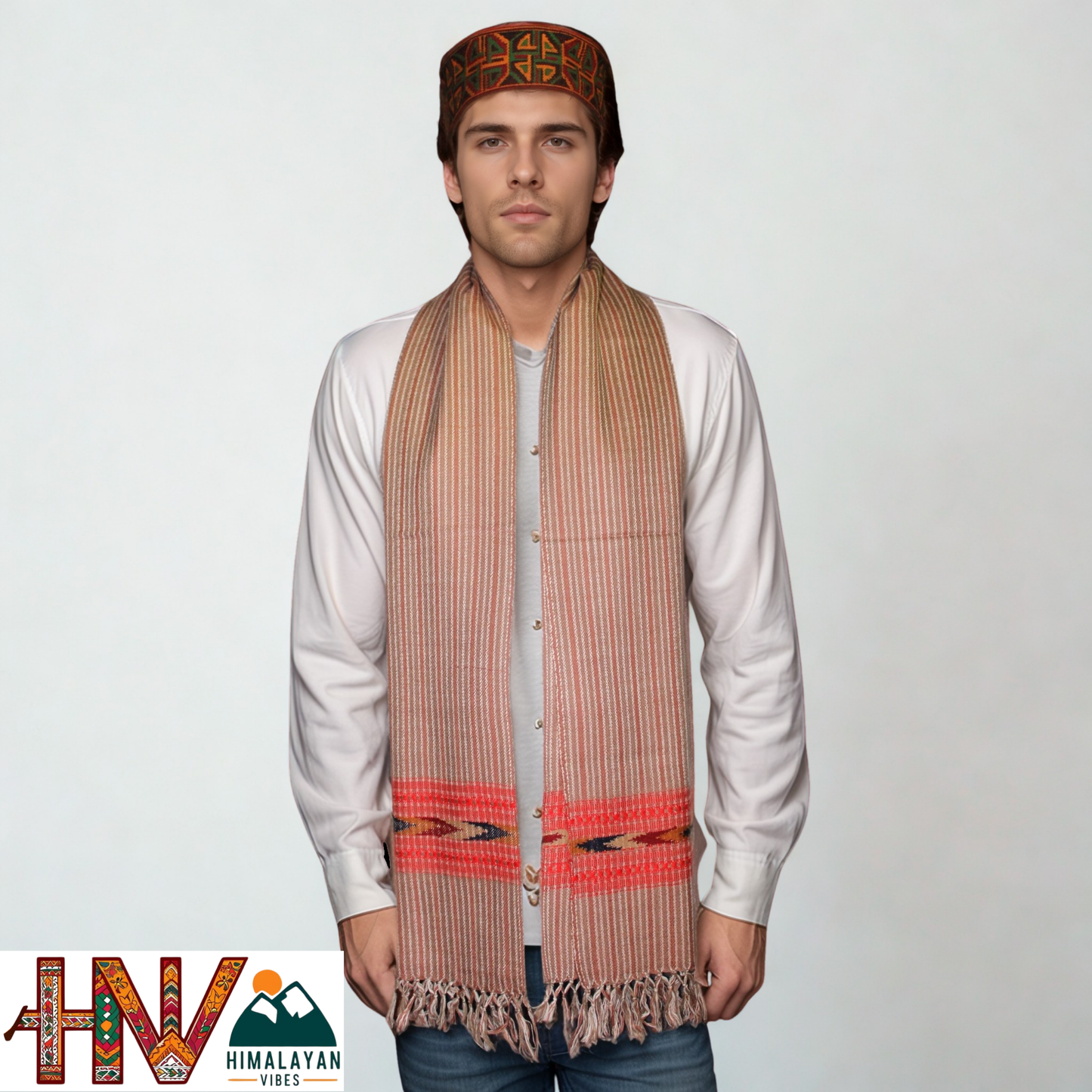 Traditional Kullu Handwoven Brown Stripes with Red Kullu Patti Muffler – Soft, Durable & Warm Wool Scarf