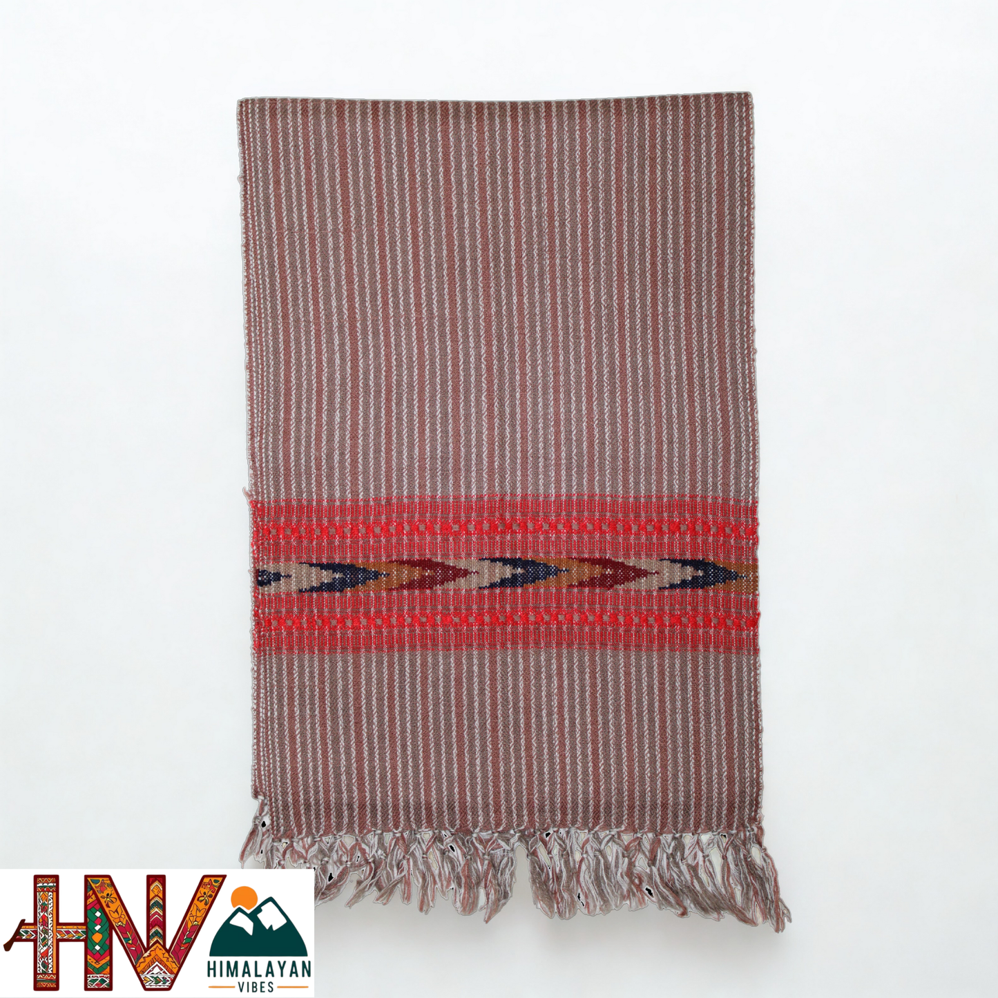 Traditional Kullu Handwoven Brown Stripes with Red Kullu Patti Muffler – Soft, Durable & Warm Wool Scarf