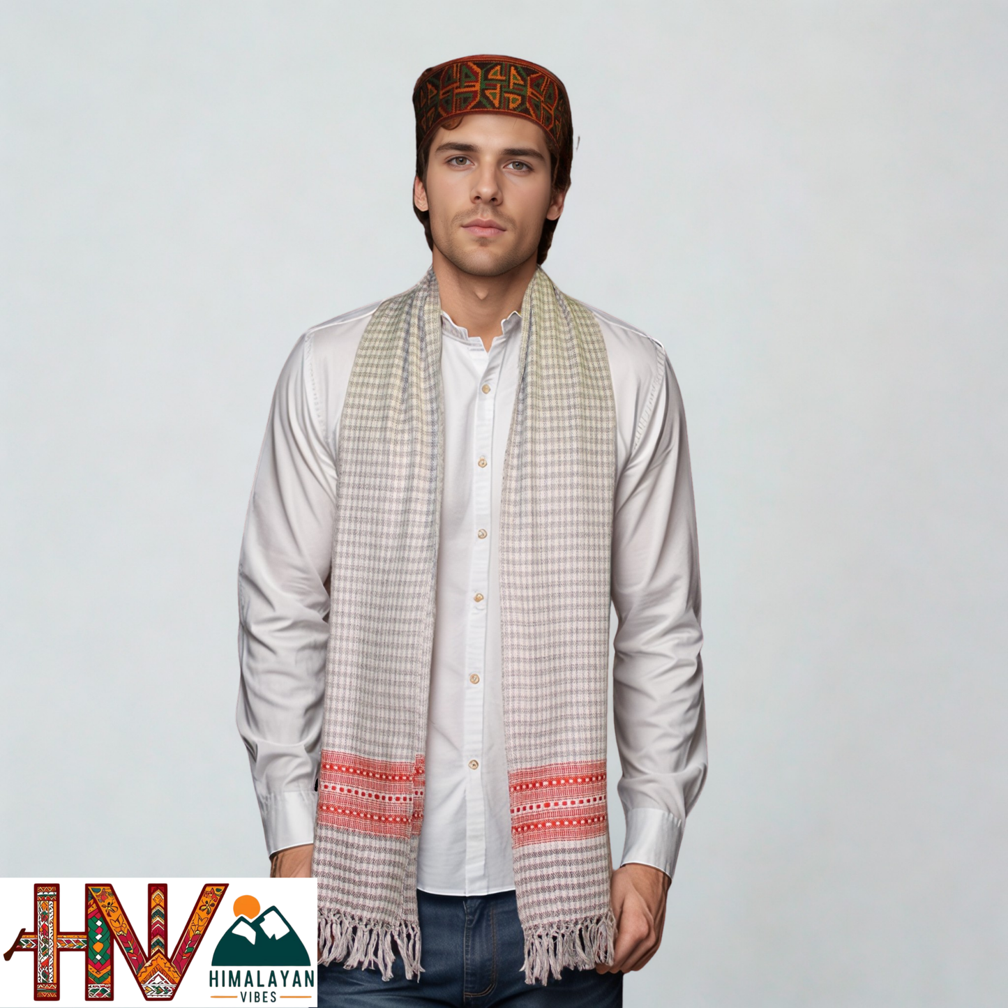 Traditional Kullu Handwoven Cream check with Red Patti Muffler – Soft, Durable & Warm Wool Scarf