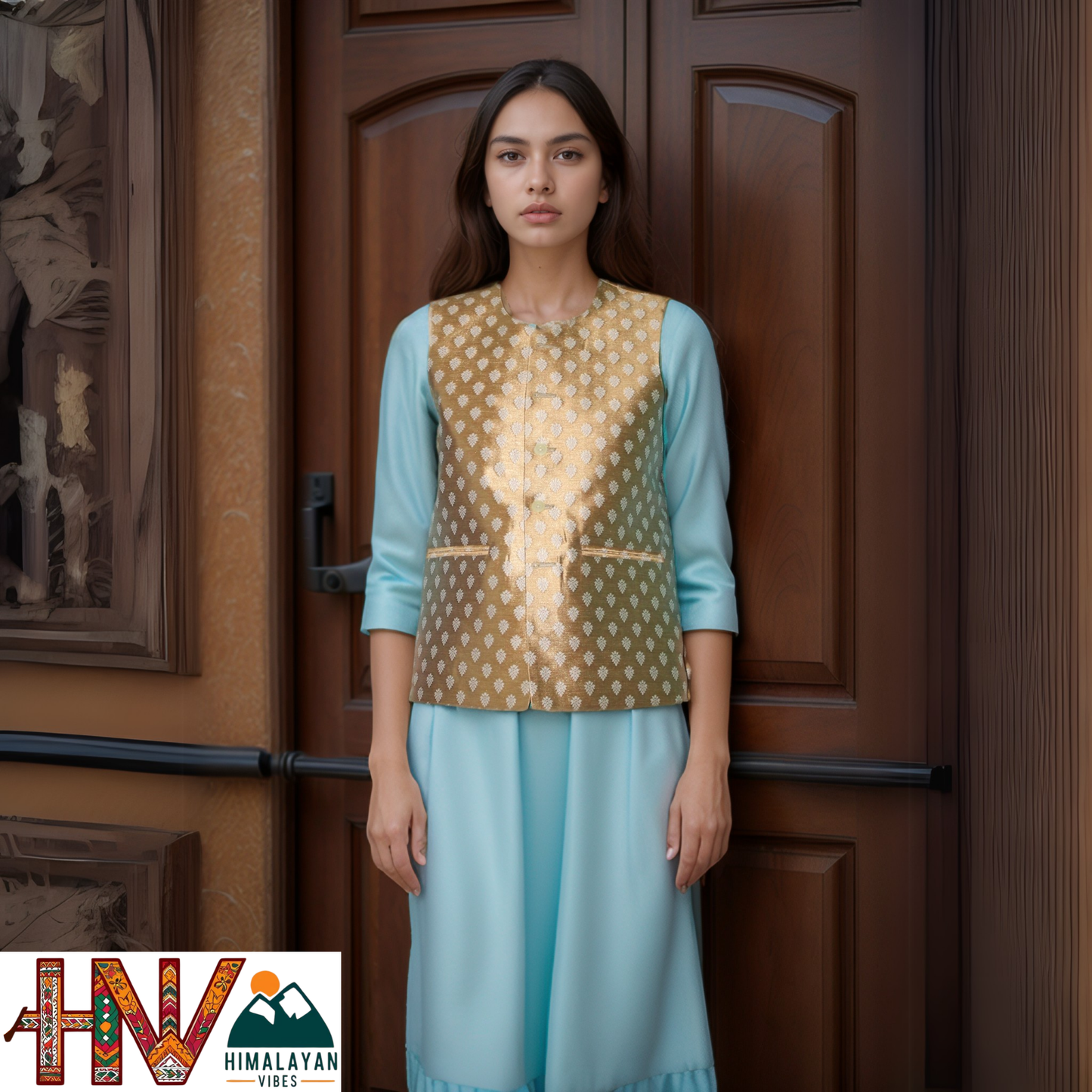 Golden Brown Printed Brocade Sadri for Women - Handmade Slim Fit Sleeveless Ethnic Jacket with Pockets