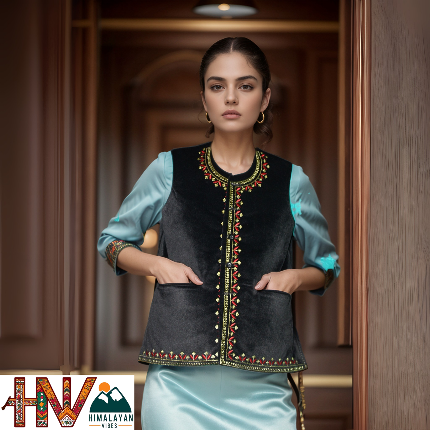 Black Embroidered Sadri & Black Dhatu with Red embroidery Combo