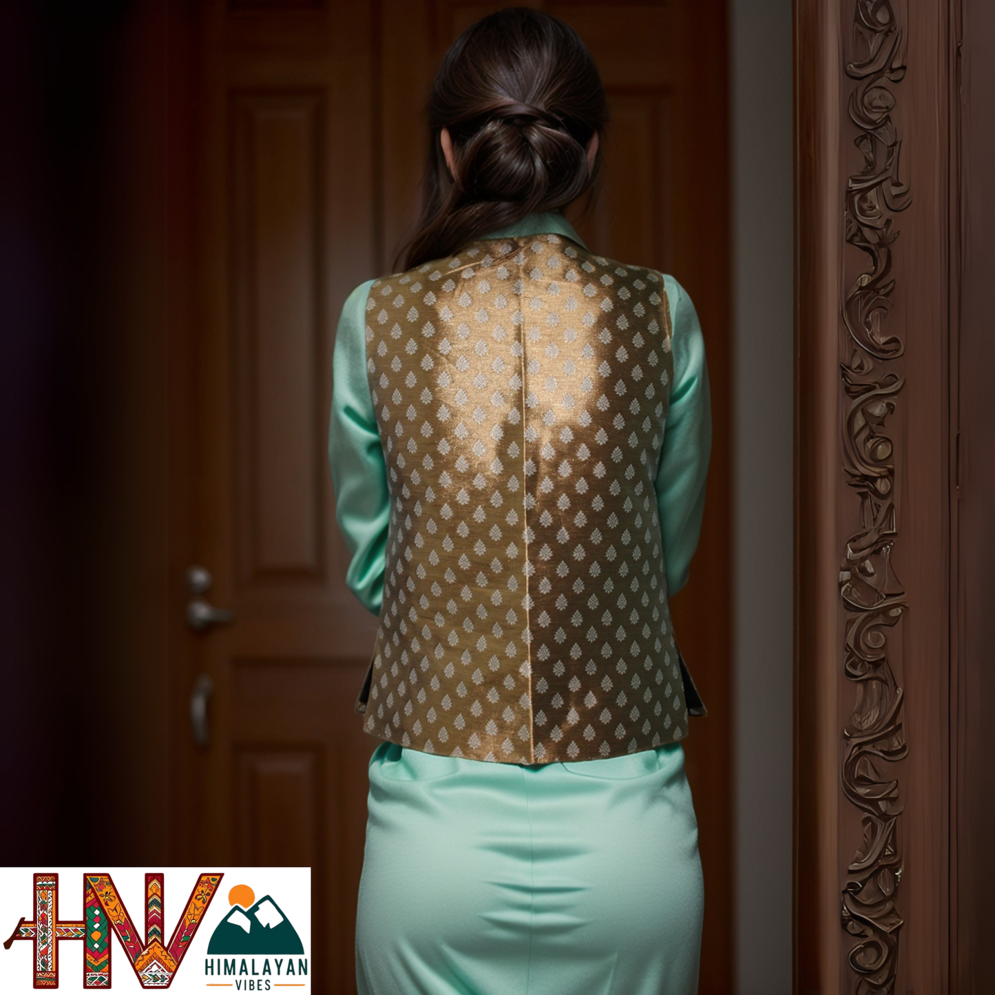 Golden Brown Printed Brocade Sadri for Women - Handmade Slim Fit Sleeveless Ethnic Jacket with Pockets