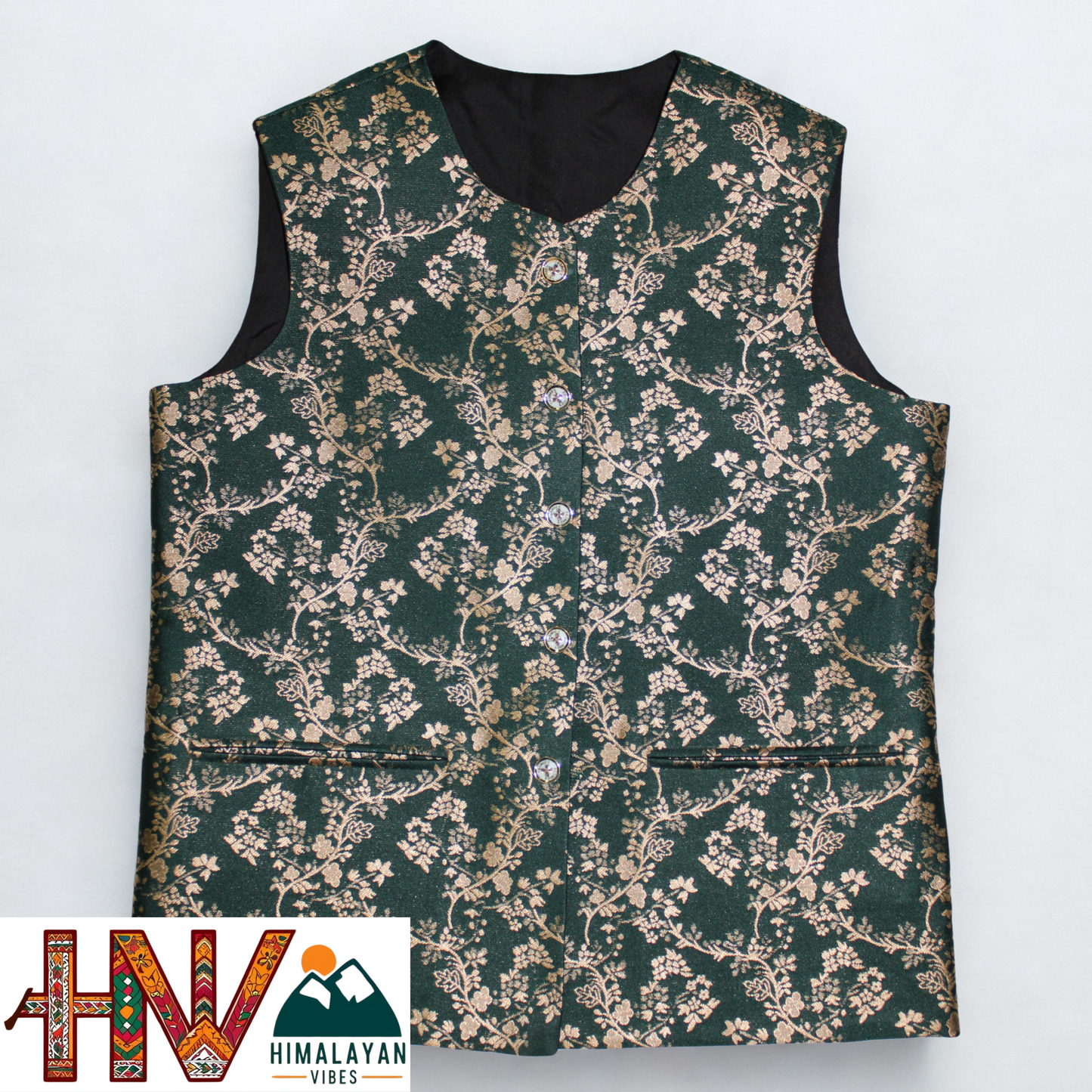 Women's Green Printed Sadri with Golden floral pattern - Elegant Brocade Festive Wear with Inner Pockets