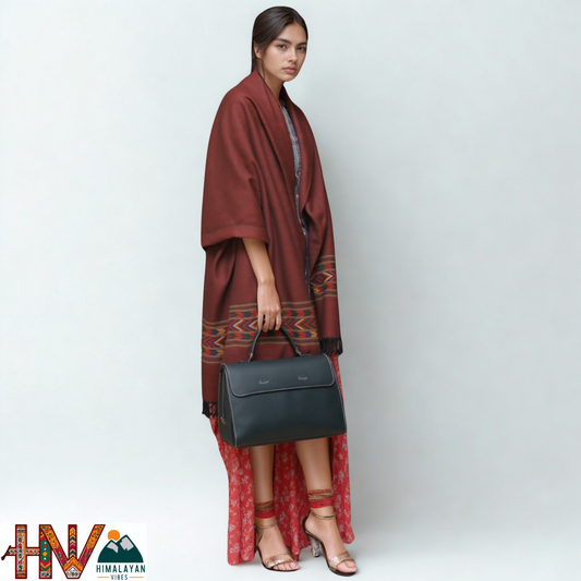 Handwoven Red Kullu Shawl – With Intricate Design Patti & Traditional Himalayan Craftsmanship