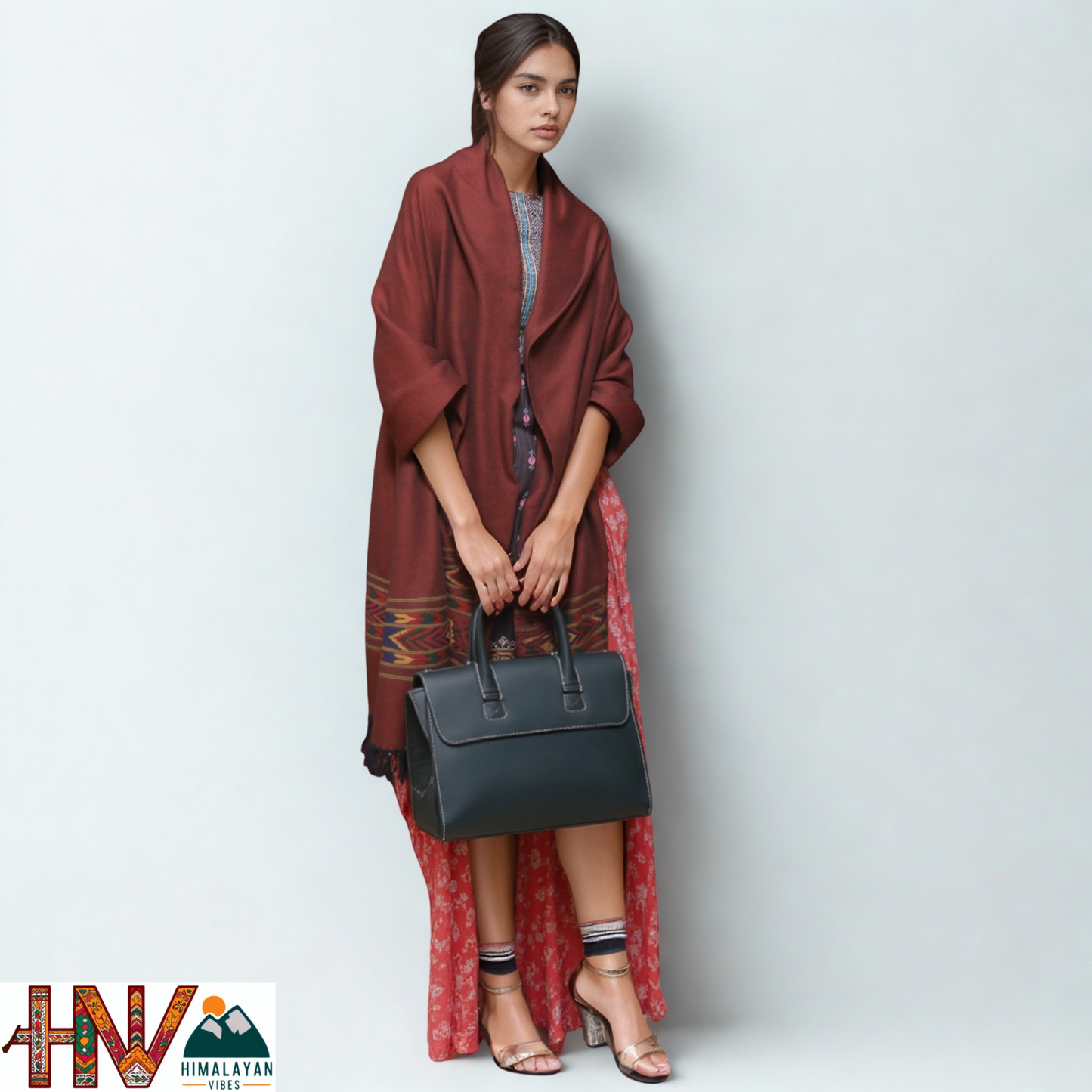 Handwoven Red Kullu Shawl – With Intricate Design Patti & Traditional Himalayan Craftsmanship