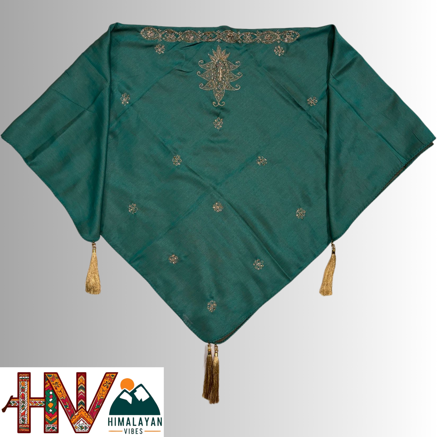 Handcrafted Himachali Sea Green Dhatu with Golden Embroidery – A Unique Embroidered Head Scarf