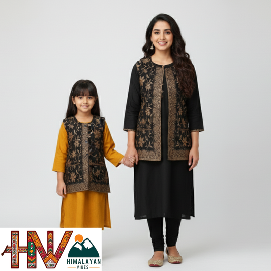 Authentic Mother-Daughter Black Shawl Fabric Sadri Combo with Flower pattern | Matching Floral Handloom Himachali Nehru Jacket Set