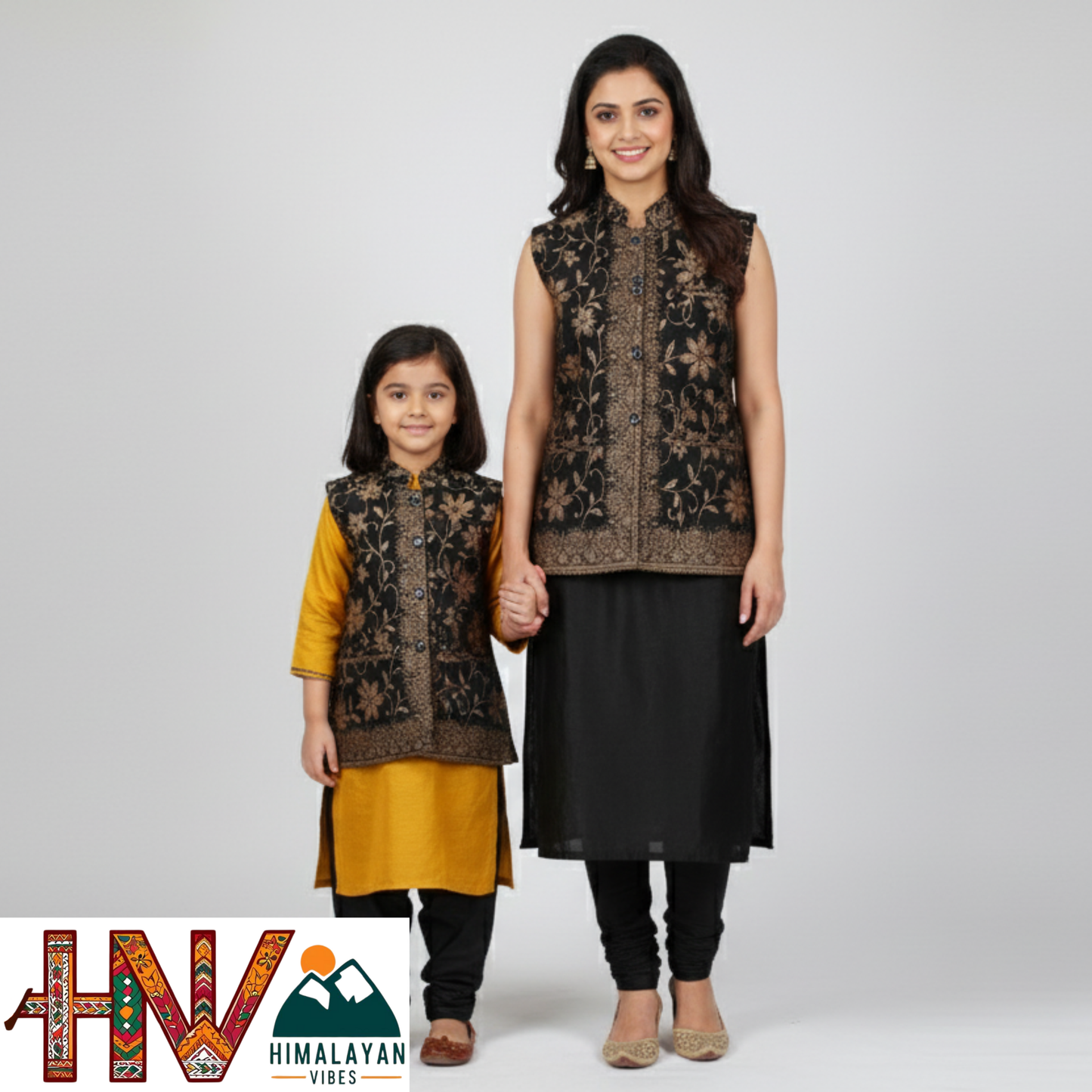 Authentic Mother-Daughter Black Shawl Fabric Sadri Combo with Flower pattern | Matching Floral Handloom Himachali Nehru Jacket Set