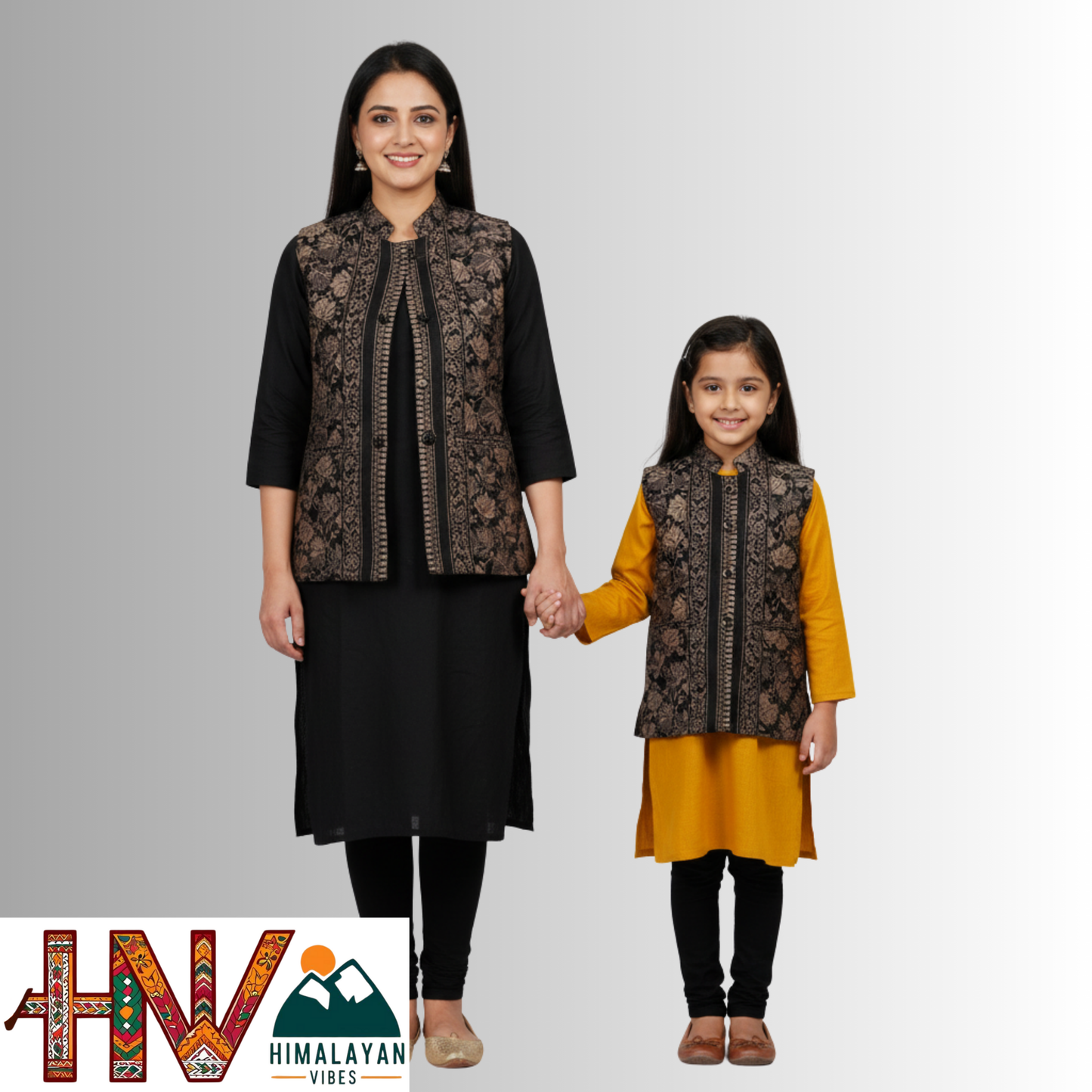 Authentic Mother-Daughter Black Kullu Shawl Fabric Sadri Combo with Leaf pattern | Matching Floral Handloom Himachali Nehru Jacket Set
