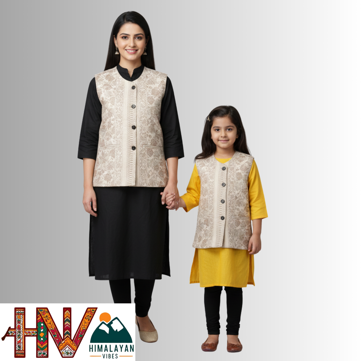 Authentic Mother-Daughter White Shawl Fabric Sadri Combo with Leaf pattern | Matching Floral Handloom Himachali Nehru Jacket Set