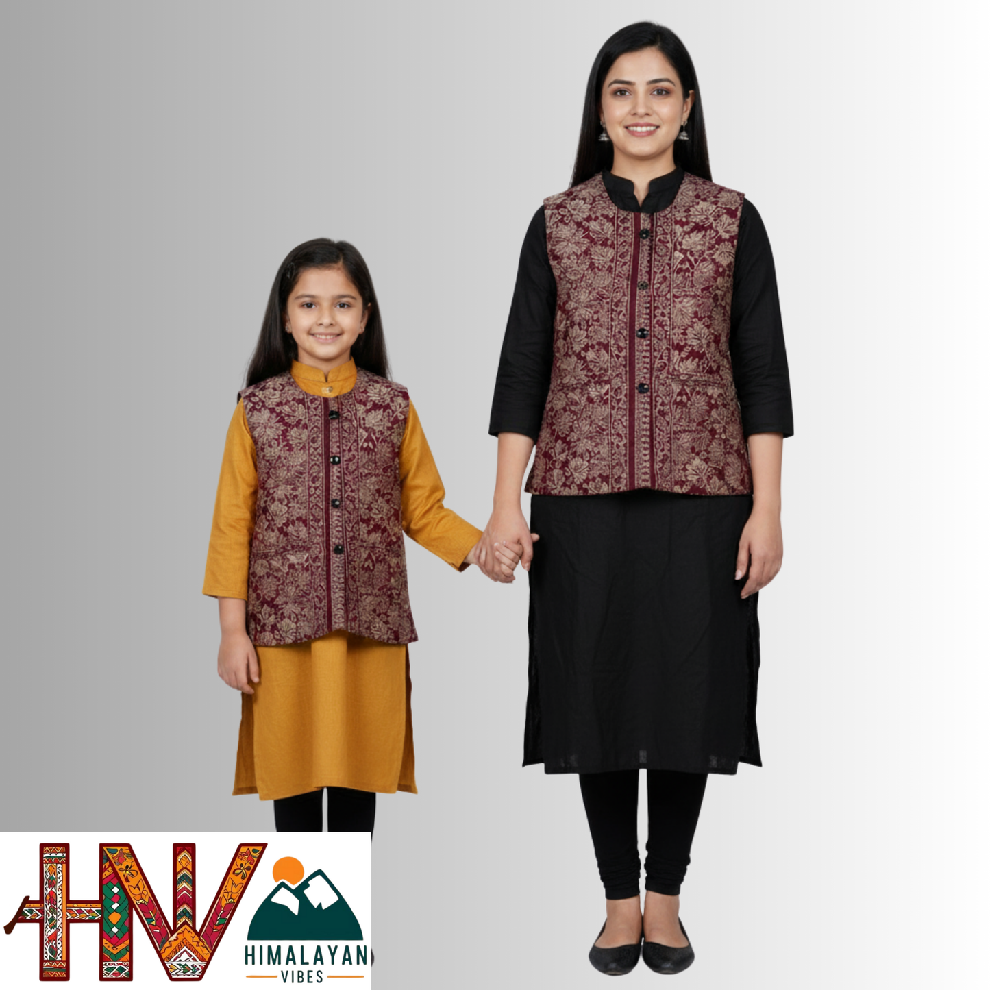 Authentic Mother-Daughter Red Shawl Fabric Sadri Combo with Leaf pattern | Matching Floral Handloom Himachali Nehru Jacket Set