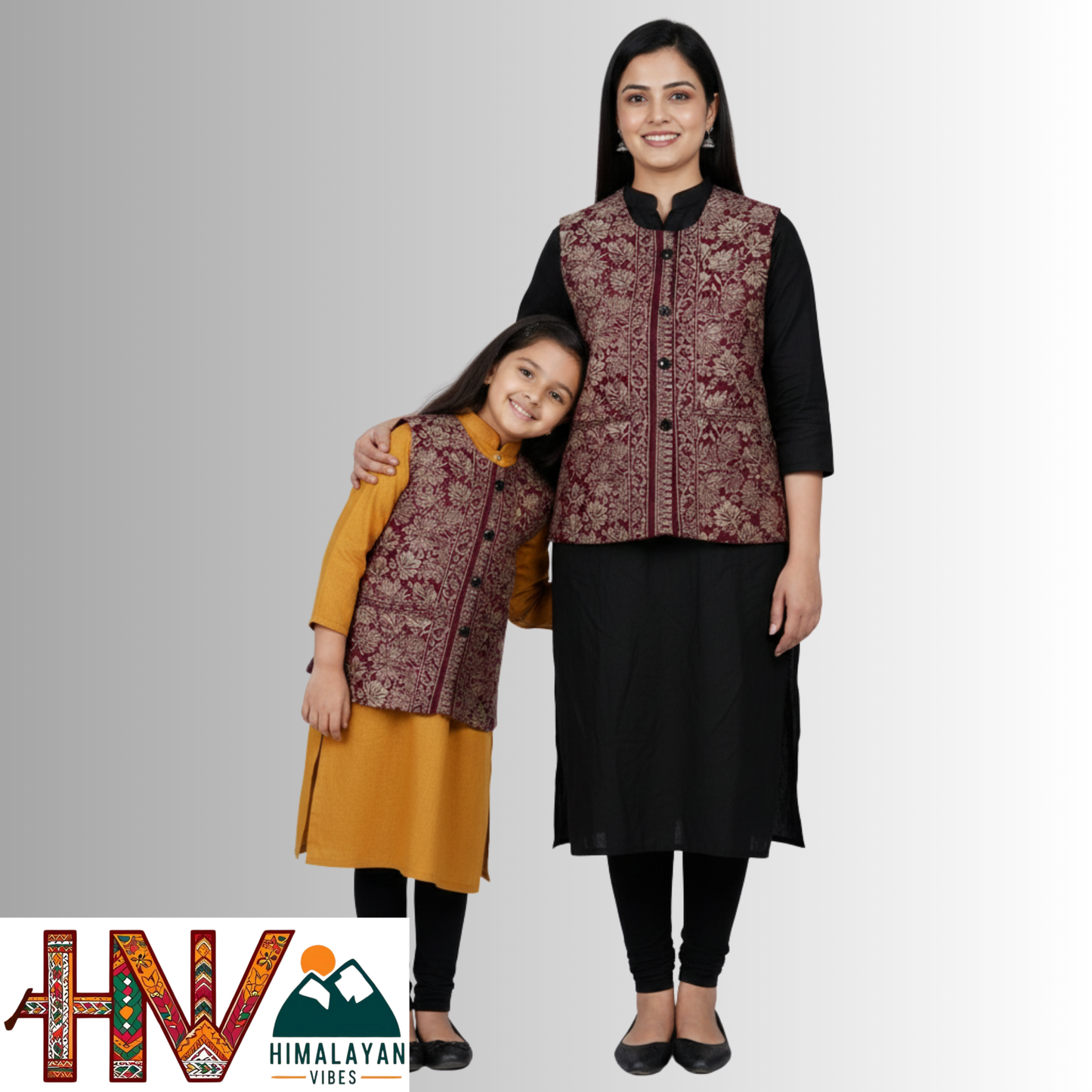 Authentic Mother-Daughter Red Shawl Fabric Sadri Combo with Leaf pattern | Matching Floral Handloom Himachali Nehru Jacket Set