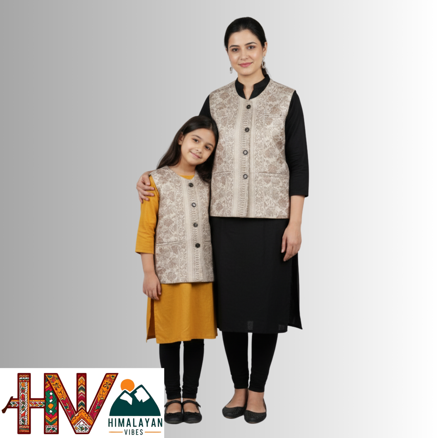 Authentic Mother-Daughter White Shawl Fabric Sadri Combo with Leaf pattern | Matching Floral Handloom Himachali Nehru Jacket Set
