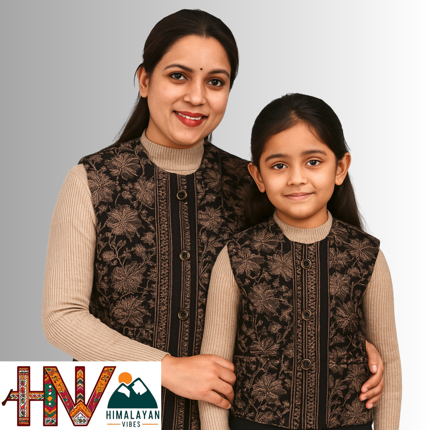 Authentic Mother-Daughter Black Kullu Shawl Fabric Sadri Combo with Leaf pattern | Matching Floral Handloom Himachali Nehru Jacket Set